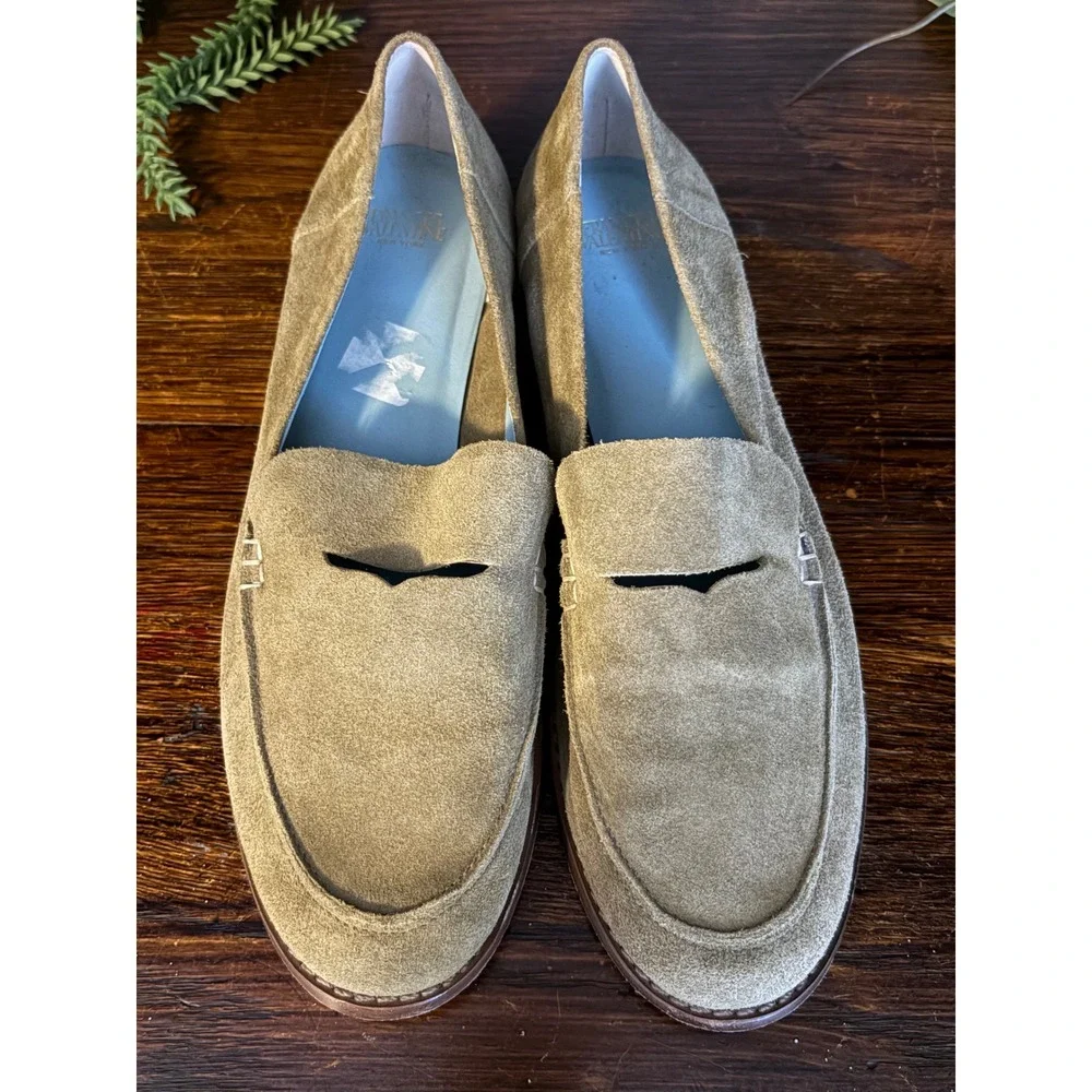 Frances Valentine Olive Green Suede Penny Loafers Shoes Womens 9B Made in Brazil
